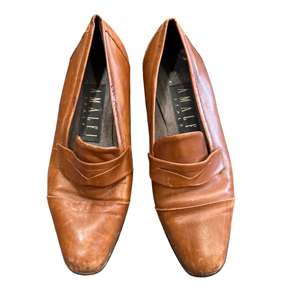 Amalfi Italy Brown Leather Penny Loafers Almond Toe Low Block Heel Made in Italy
